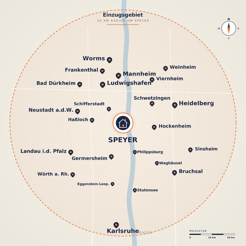 Einzugsgebiet Beka Montageservice - 50km Radius um Speyer